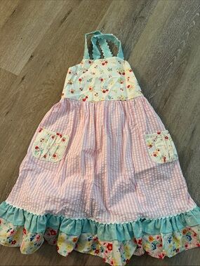 Ricrac & Ruffles Girls Pink Seersucker Floral Ruffle Dress